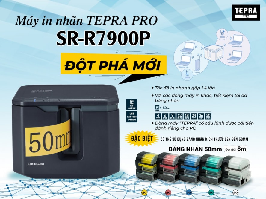 Máy in nhãn King Jim Tepra Pro SR7900P kết nối đa dạng in rộng 50mm